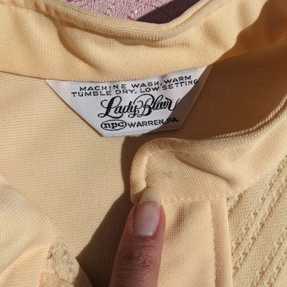 Vintage 70s Mod Shirt Dress M/L Yellow Midi Pointelle Lace Sleeve Shift Mandarin - Picture 11 of 14